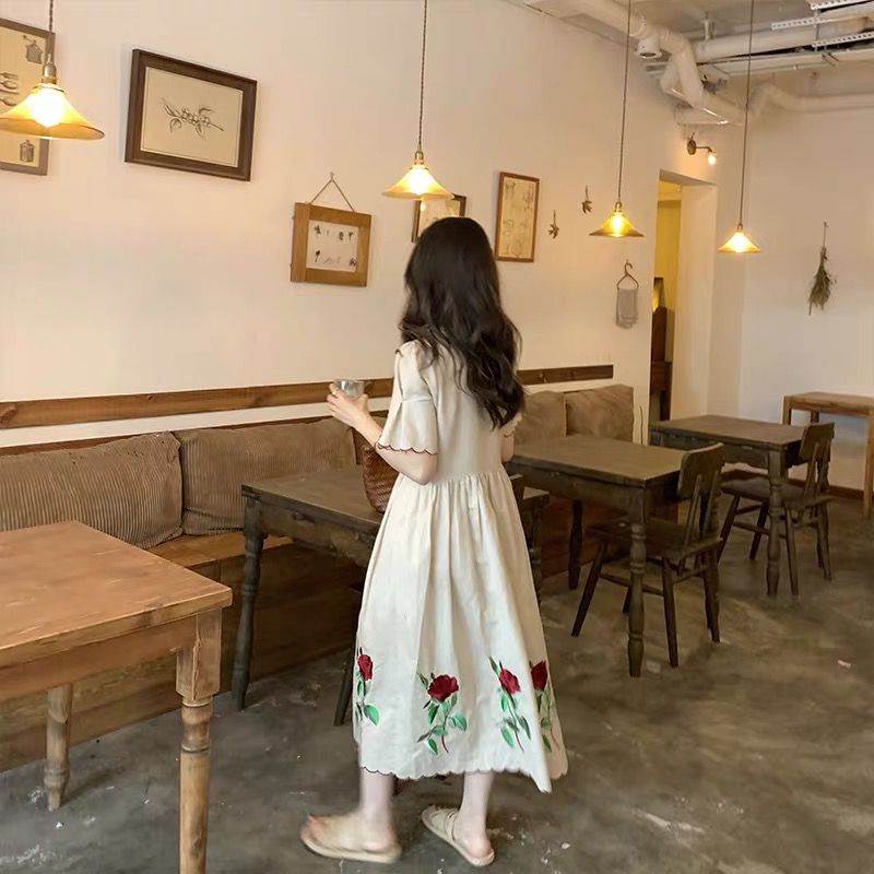 P temperament rose long dress super fairy skirt summer new large size thin belly cover V neck cotton and linen dress