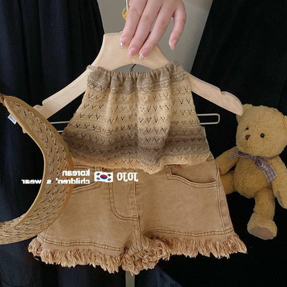 P summer new children's baby girl foreign style Korean version neck vest jeans two-piece set trendy