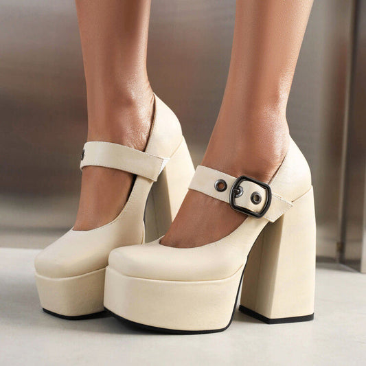 P versatile waterproof table one-word buckle with square head thick heel high heel single shoes hate sky high nightclub women's shoes