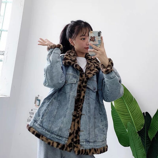 P wears denim jackets on both sides