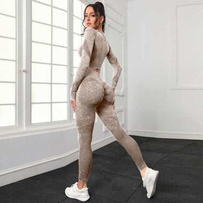P new fashion washed hip lift high waist sports fitness pants two-piece set mesh tight long sleeve yoga fitness set