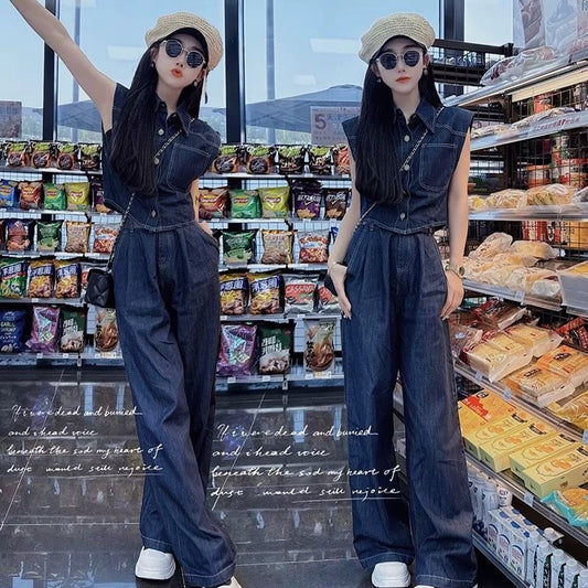 P Sleeveless Shirt Straight Wide Leg Pants Two-piece Set