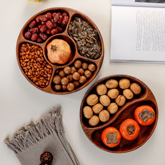 P walnut double grid dried fruit plate multi grid round fruit snack plate