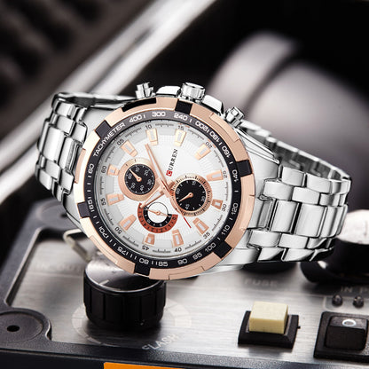 A  8023 Men's Watch European and American Popular Men's Watch Business Steel Strap Large Dial Waterproof Quartz Watch - Mixbatch