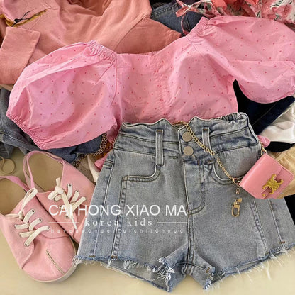 A girl suit summer two-piece fashion foreign domineering fried street Internet celebrity grade casual denim loose Korean version