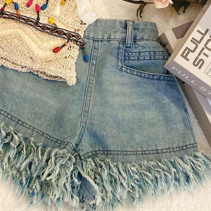 P children's explosive hollow vest sling children's denim shorts three-piece set