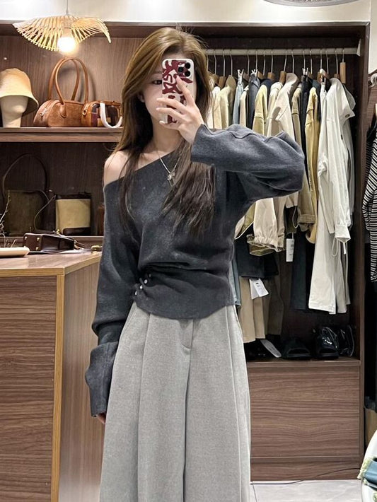 P French retro red slanted shoulder long-sleeved knitted bottoming shirt women's autumn and winter off-the-shoulder collarbone sweater with a beautiful top inside