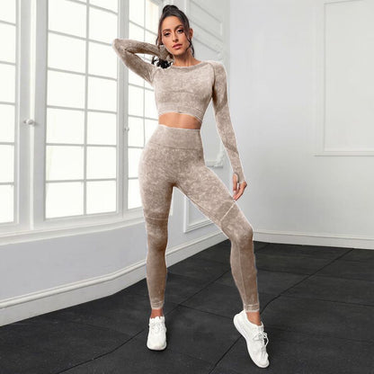 P new fashion washed hip lift high waist sports fitness pants two-piece set mesh tight long sleeve yoga fitness set