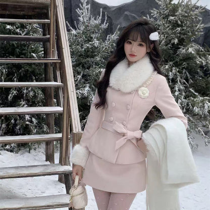 P Bowknot Waist-Cinching Coat and Dress Set