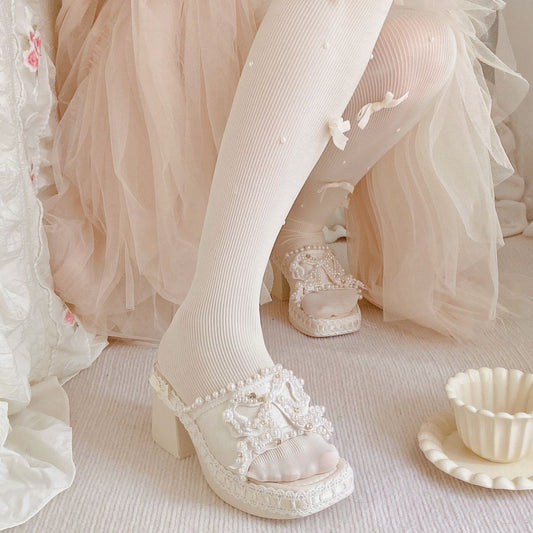P lolita sweet pearl bow thick root sandals one word with half drag summer sweet cream wind outside slippers