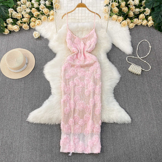 P socialite beautiful three-dimensional flower sweet age-reducing suspender dress women's summer high-end sequins slim princess dress
