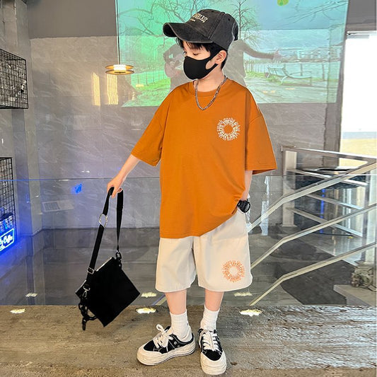 P boys summer suit new middle-aged and older boys children summer two-piece set short-sleeved handsome clothes