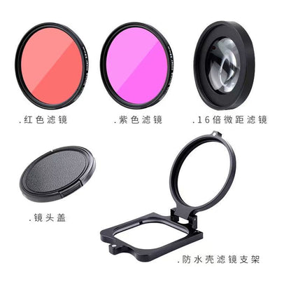 A Compatible with Hero8 Original Diving Case Adapter Ring 58mm Filter Red/Purple Flip Filter Macro Lens