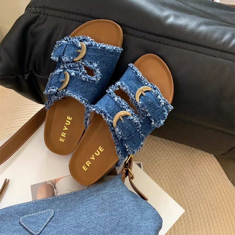 P denim thick-bottomed Birkenstocks slippers women's summer wear new Korean version French temperament casual flat-bottomed women's sandals - Mixbatch