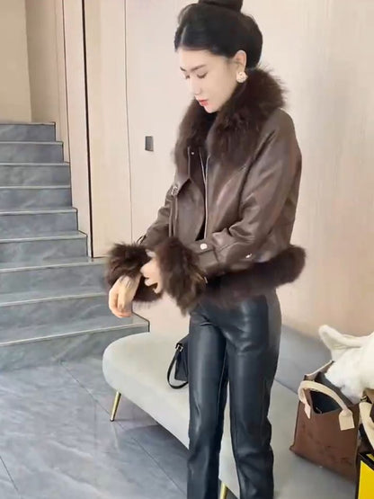 P fur collar leather jacket