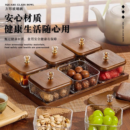 P Bamboo Wood Glass Fruit Snack Plate with Lid