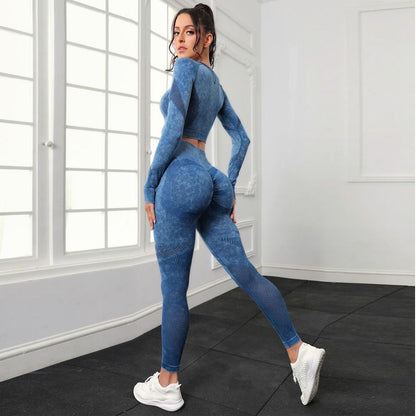 P new fashion washed hip lift high waist sports fitness pants two-piece set mesh tight long sleeve yoga fitness set