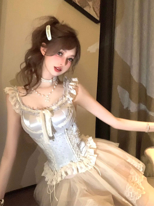 P A complete set of women's French lace bow splicing design top fluffy skirt set
