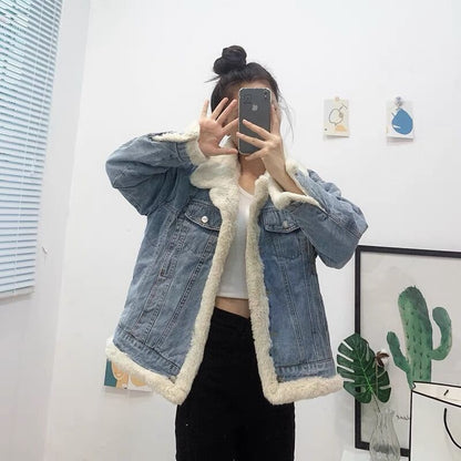 P wears denim jackets on both sides