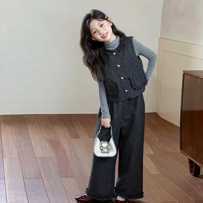 P Girls Spring Xiaoxiangfeng Suit New Fashion Medium and Older Children's Thickened Vest Long Sleeve Wide Leg Pants Two-piece Set