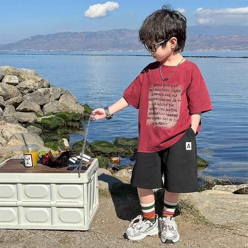 P boys summer new suit children's short-sleeved Korean version loose dragon fruit T-shirt black shorts two-piece set trendy