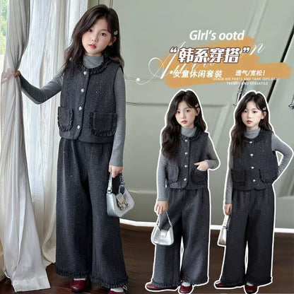 P Girls Spring Xiaoxiangfeng Suit New Fashion Medium and Older Children's Thickened Vest Long Sleeve Wide Leg Pants Two-piece Set