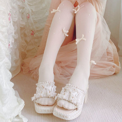 P lolita sweet pearl bow thick root sandals one word with half drag summer sweet cream wind outside slippers