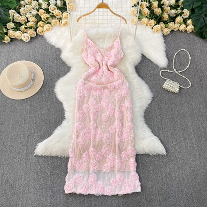 P socialite beautiful three-dimensional flower sweet age-reducing suspender dress women's summer high-end sequins slim princess dress