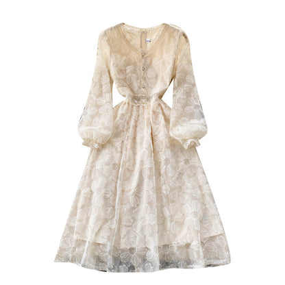 P Gentle Wind Feminine Flavor Waist Skinny Long Sleeve First Love Skirt A-word Skirt Elegant Temperament V-Neck Lace Even...