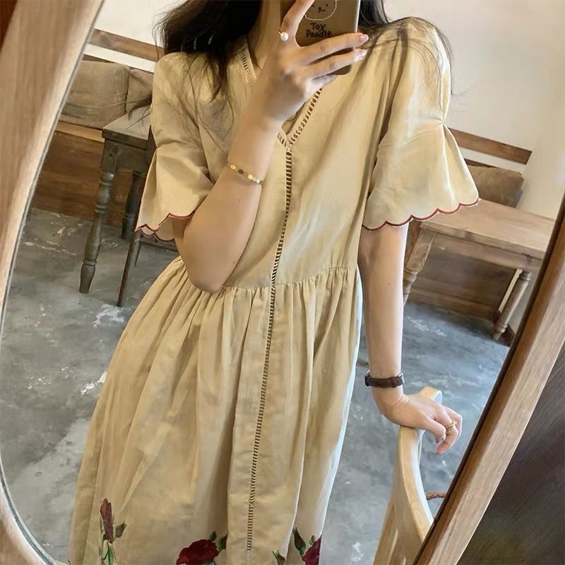 P temperament rose long dress super fairy skirt summer new large size thin belly cover V neck cotton and linen dress
