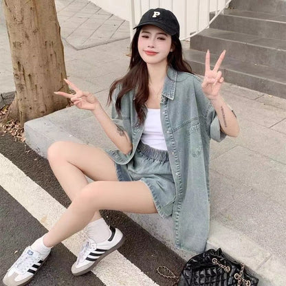 P summer short-sleeved casual loose and thin retro denim shirt and shorts two-piece set