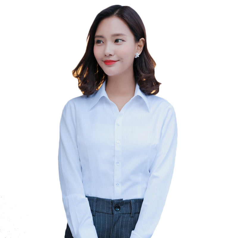 A new women's long-sleeved white shirt OL slim-fitting professional wear, interview overalls cotton V-neck shirt dress collar - Mixbatch