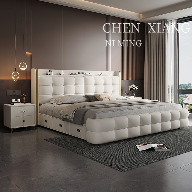 P Multifunctional storage Italian leather bed Light luxury luxury double master bedroom large bed Modern simple high-end soft bag wedding bed