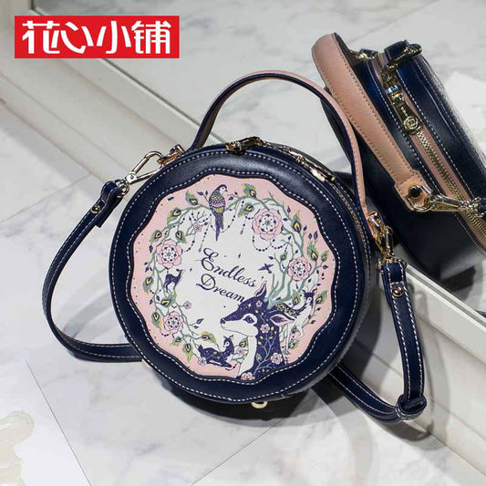A new contrasting color deer print flower small round bag lolita shoulder women's bag lolita bag - Mixbatch