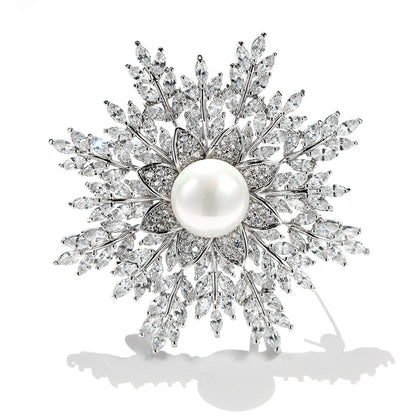 A European and American trend popular snowflake brooch, super flash zircon freshwater pearl brooch celebrity accessories - Mixbatch