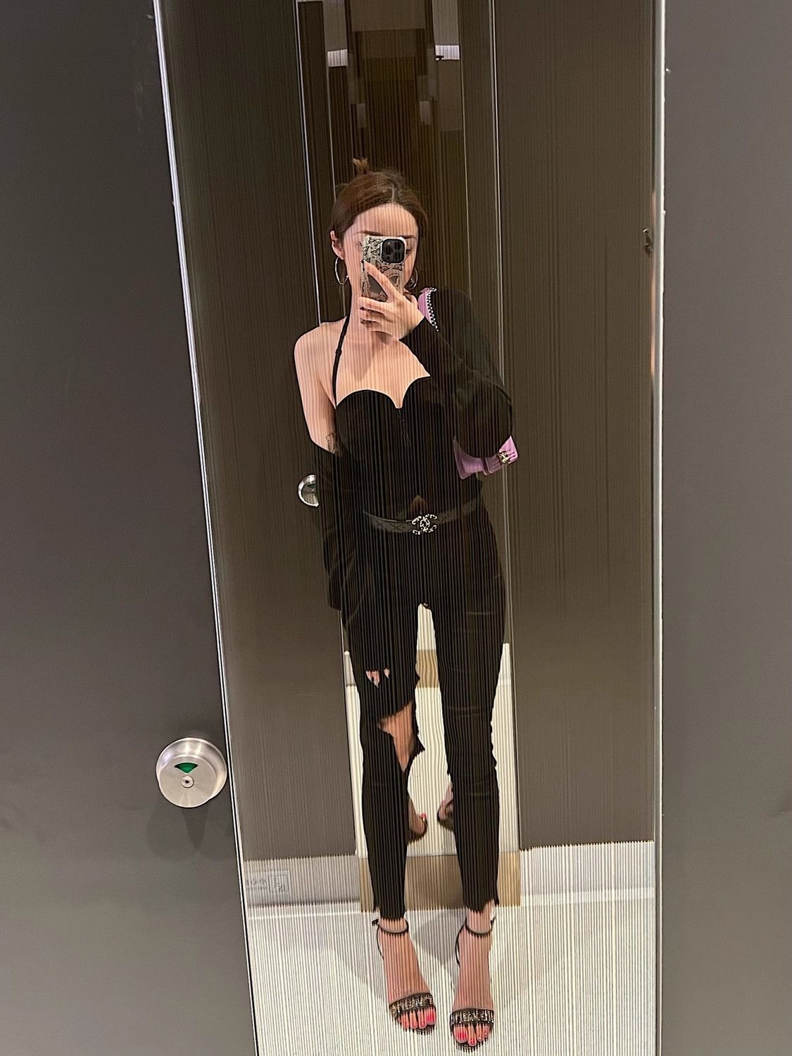 A black vertical strip velvet zipper sexy split fork slim fit and thin neck vest top - Mixbatch