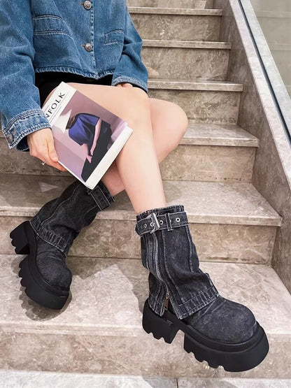 P Martin Boots Denim Fake Two Piece Pile Boots Locomotive Boots Short Boots Spice Girls Zipper Women's Shoes
