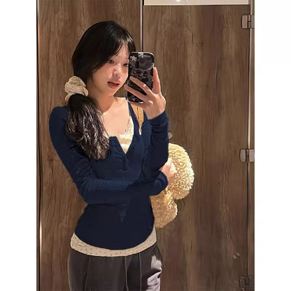 P bm wind pure lace floral fake two long-sleeved t-shirt women's spring autumn and winter inner bottoming shirt tight waist top