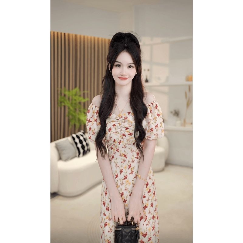 P floral bubble sleeve dress waist long V-neck dress