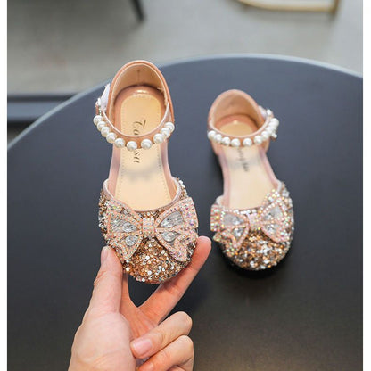 P Fashion Summer Middle School Older Children Soft Flats Spring Leather Shoes Princess Shoes Dance Shoes Crystal Shoes