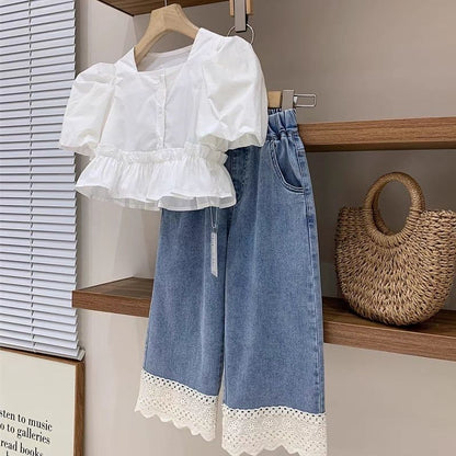 P Summer Girl French Square Neck Bubble Sleeve Shirt Lace Thin Soft Jeans Two-piece Set