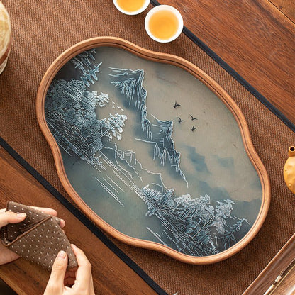 P landscape glass tray retro bamboo dry brewed tea tray fruit snack tray kung fu tea set tea cup storage tray