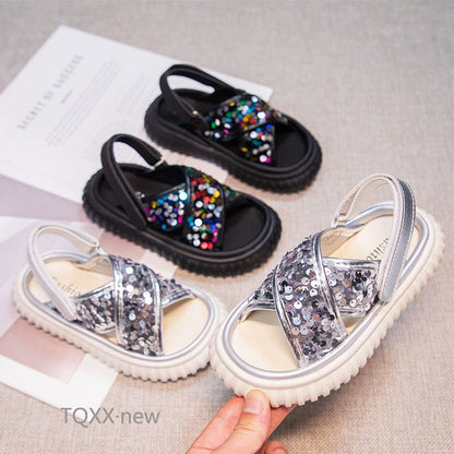 P new children's sports beach shoes girl sequined sandals popular among older children