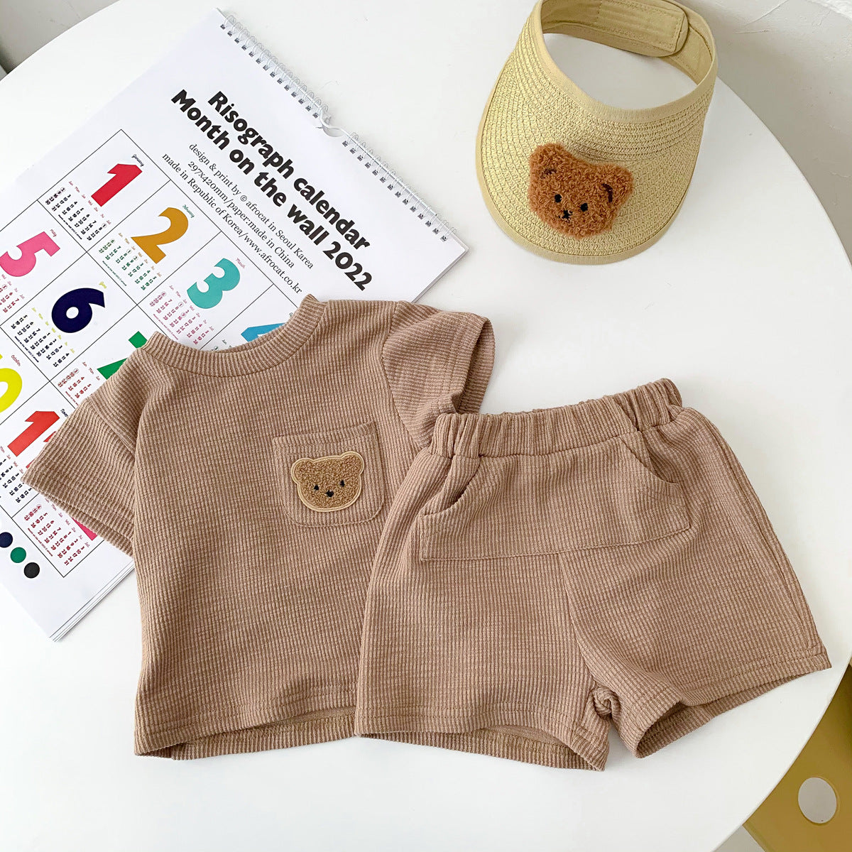 A summer thin baby Korean short-sleeved shorts cotton and linen pit strip suit for boys and girls round neck pullover two-piece suit - Mixbatch