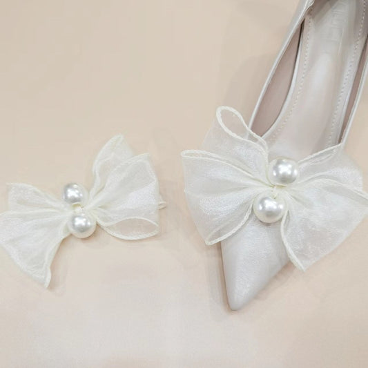 A mesh pearl bow women's shoes flower decoration rhinestone shoe buckle ribbon accessories buckle Shoe accessories - Mixbatch