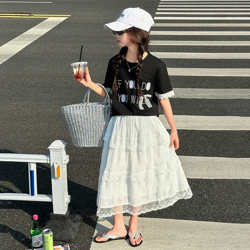 A girls summer suit new children's foreign style Korean version medium and older children's short-sleeved T-shirt half-body lace cake skirt t