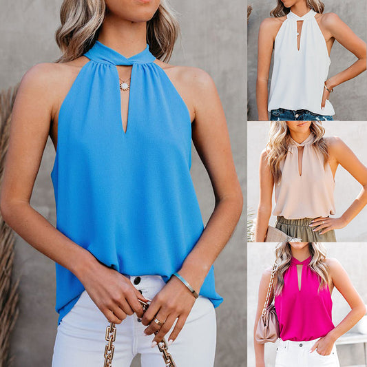 summer European and American Amazon cross-border new products women's Paris bead chiffon sexy neck pullover lace-up vest