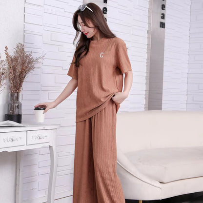 A suit women's spring summer letter embroidery thin ice silk loungewear suit casual loose trousers two-piece set