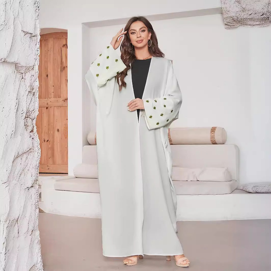 Middle Eastern Muslim Embroidered Clover Fashion Cardigan Dress Robe White Dress Bat Sleeve - Mixbatch