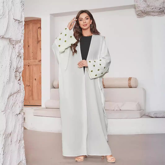 Middle Eastern Muslim Embroidered Clover Fashion Cardigan Dress Robe White Dress Bat Sleeve - Mixbatch